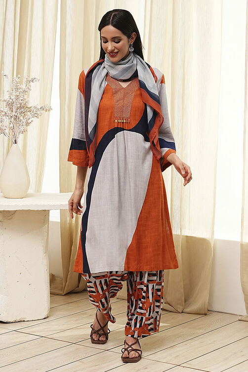 Orange-Beige Viscose Rayon Straight Printed Fusion Set image number 0