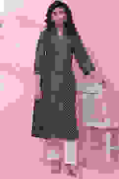 Indigo Art Silk Straight Kurta image number 5