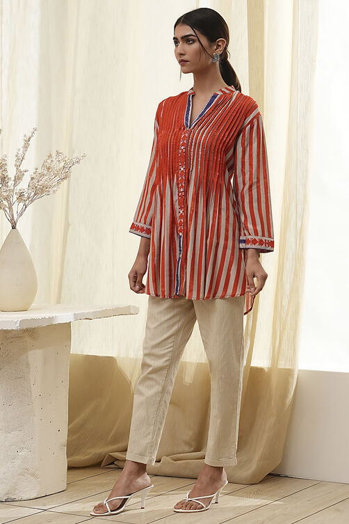 Orange Modal Printed Shirt-Style Short Kurta image number 2