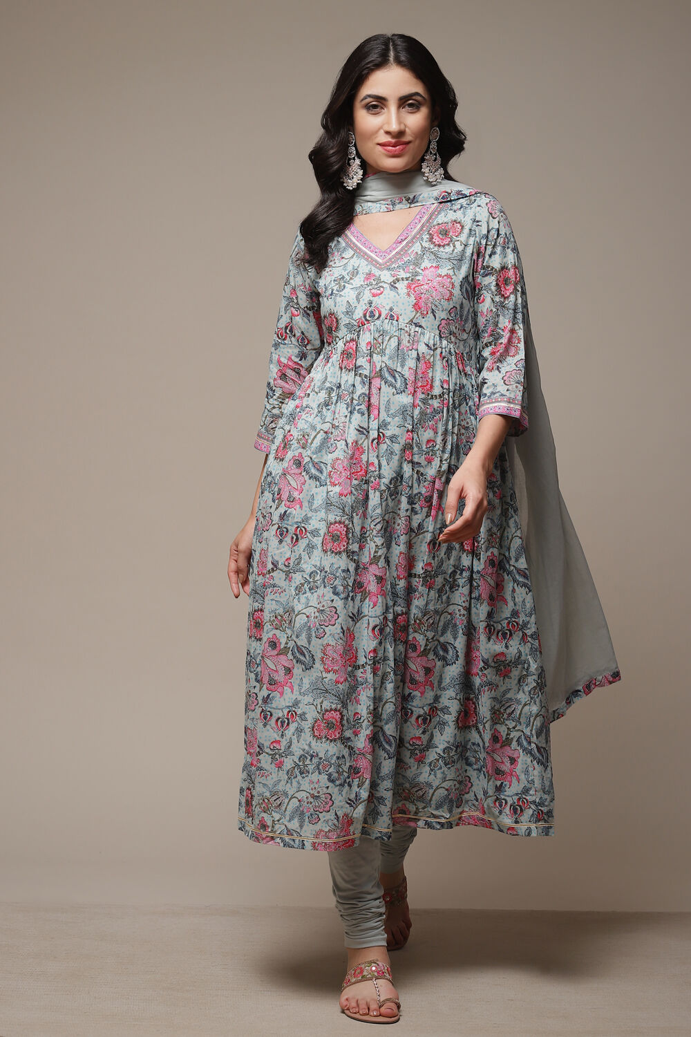 Dull Sea Blue Cotton Gathered Kurta Churidar Suit Set image number 1