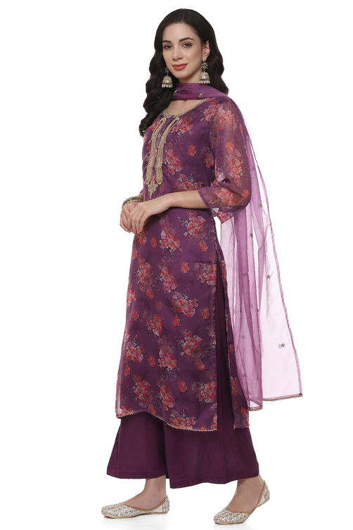 Purple Organza Digital Print Unstitched Suit Set image number 5