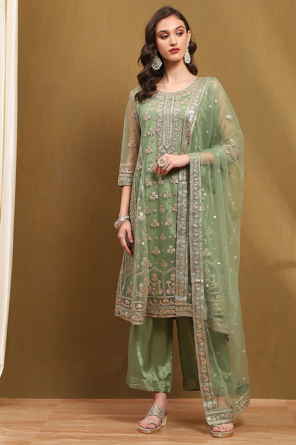 Green Net Embroidered Festive Kalidar Suit Set image number 6