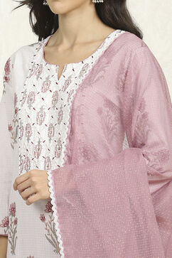Pink and White Printed Cotton Unstitched Suit Set image number 2