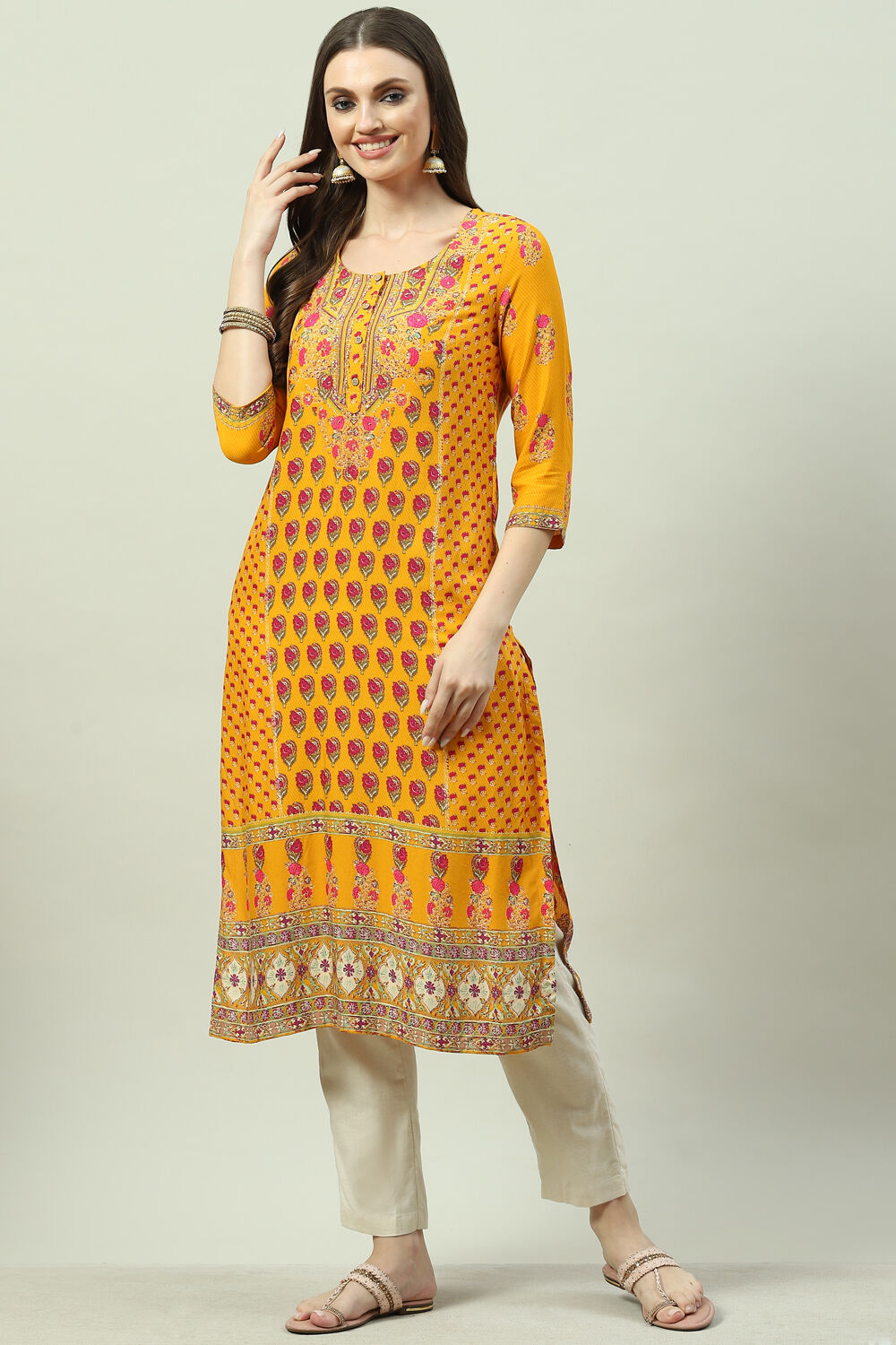 Mustard LIVA Straight Printed Kurta image number 2
