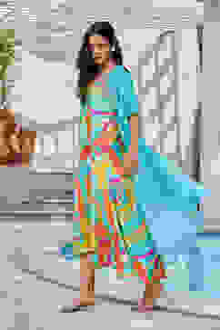 Teal Green Printed A-Line Dress with Shrug image number 4