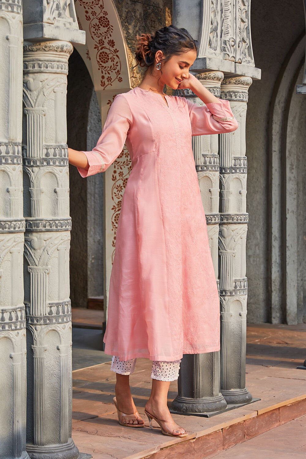 Rose Pink Yard-Dyed Threadwork A-Line Kurta image number 5