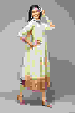 Beige Rayon Gathered Kurta Churidar Suit Set image number 6