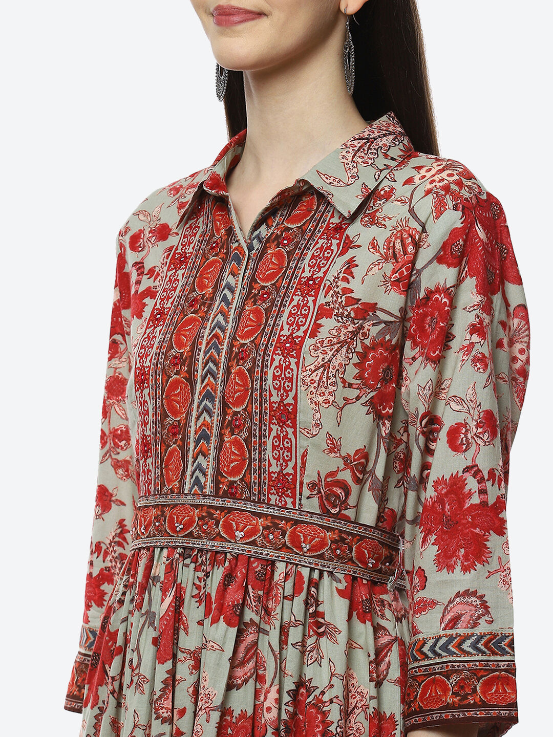 Green Cotton Flared Printed Dress image number 1