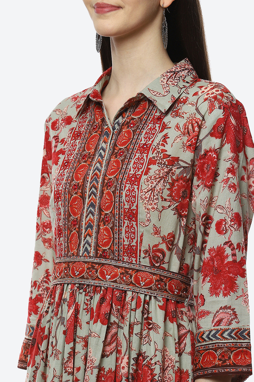 Green Cotton Flared Printed Dress image number 1