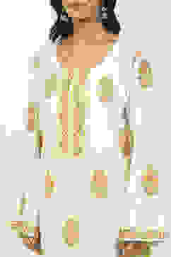 Mustard Yellow Cotton Hand Block Print Unstitched Suit Set image number 2