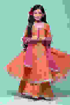 Orange Cotton Gathered Printed Suit Set image number 7