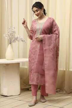 Pink Chanderi Machine Embroidered Unstitched Suit Set image number 1