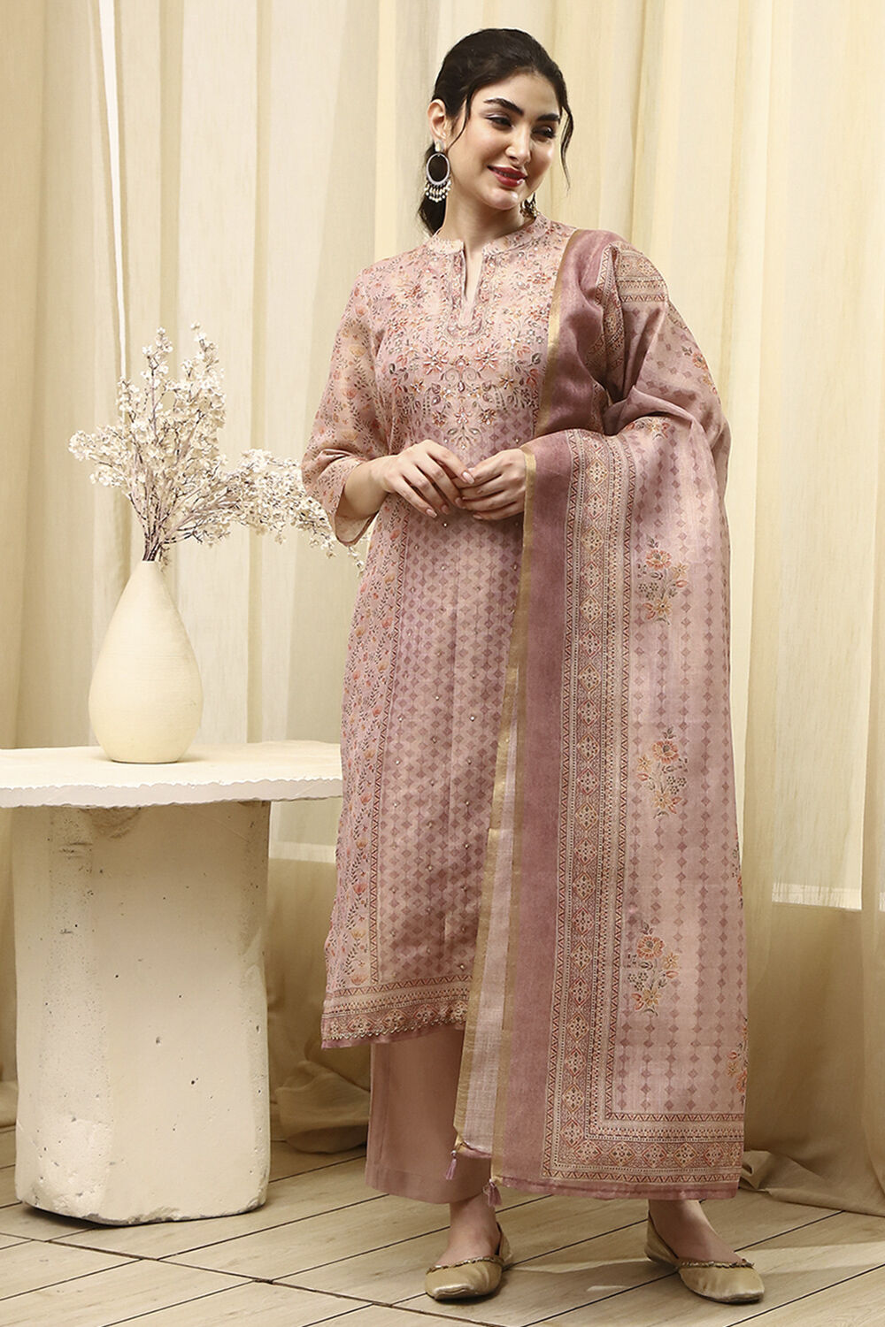Lavender Chanderi Printed Unstitched Suit Set image number 1