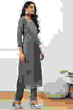 Grey Chanderi Hand Embroidered Unstitched Suit Set image number 6