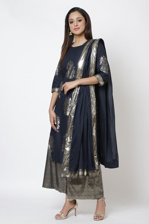 Navy Blue Cotton Straight Kurta Flared Palazzo Suit Set image number 0