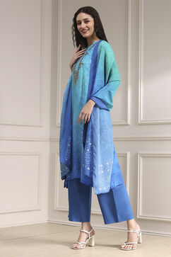 Turquoise Printed Straight Suit Set image number 3