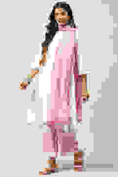 White and Pink Cotton Straight Kurta Palazzo Suit Set image number 5