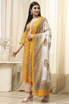 Yellow Cotton Screen Print Unstitched Suit Set image number 4