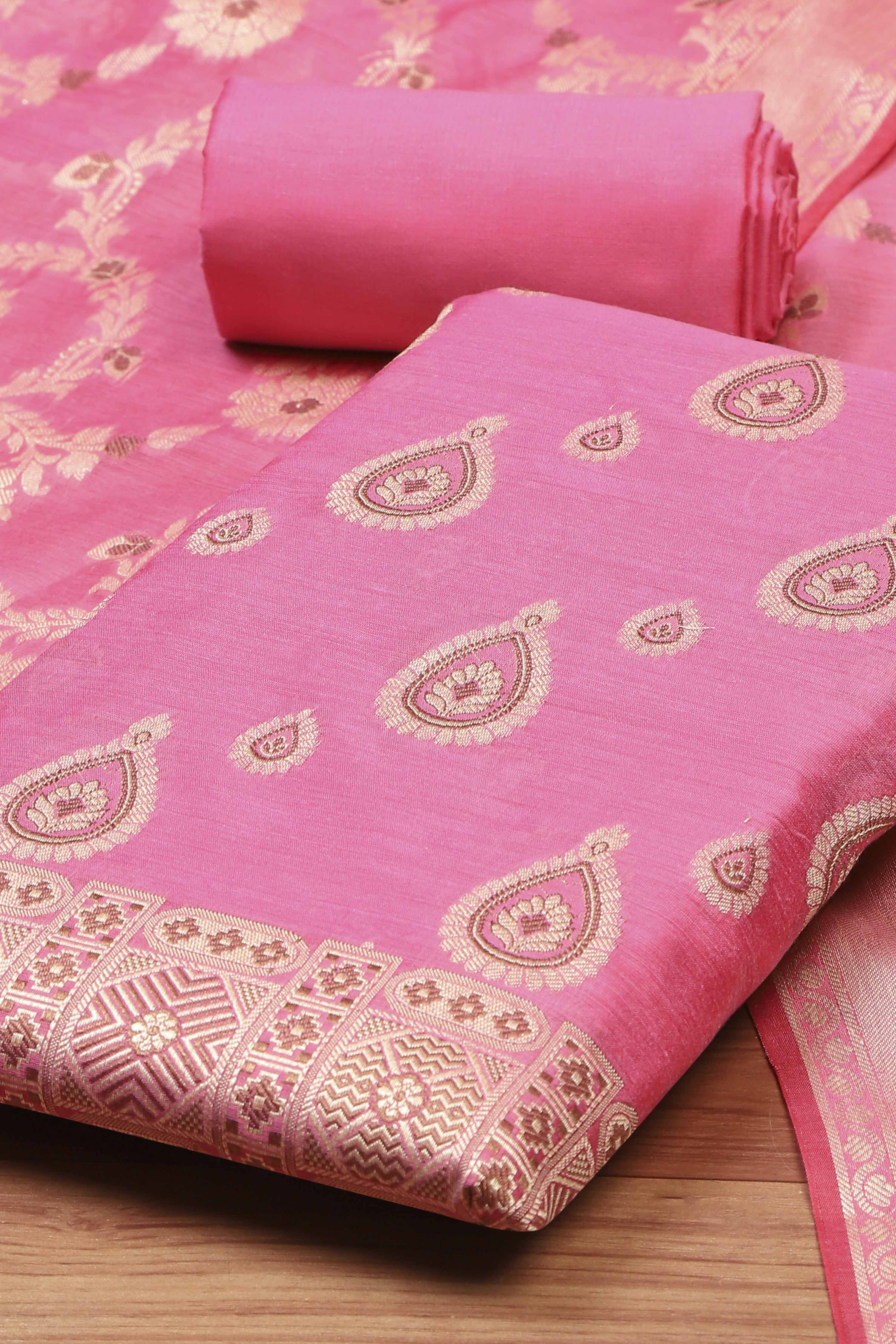 Red Chanderi  Unstitched Suit Set image number 1