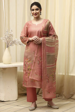 Maroon Linen Printed Embroidered Unstitched Suit Set image number 7