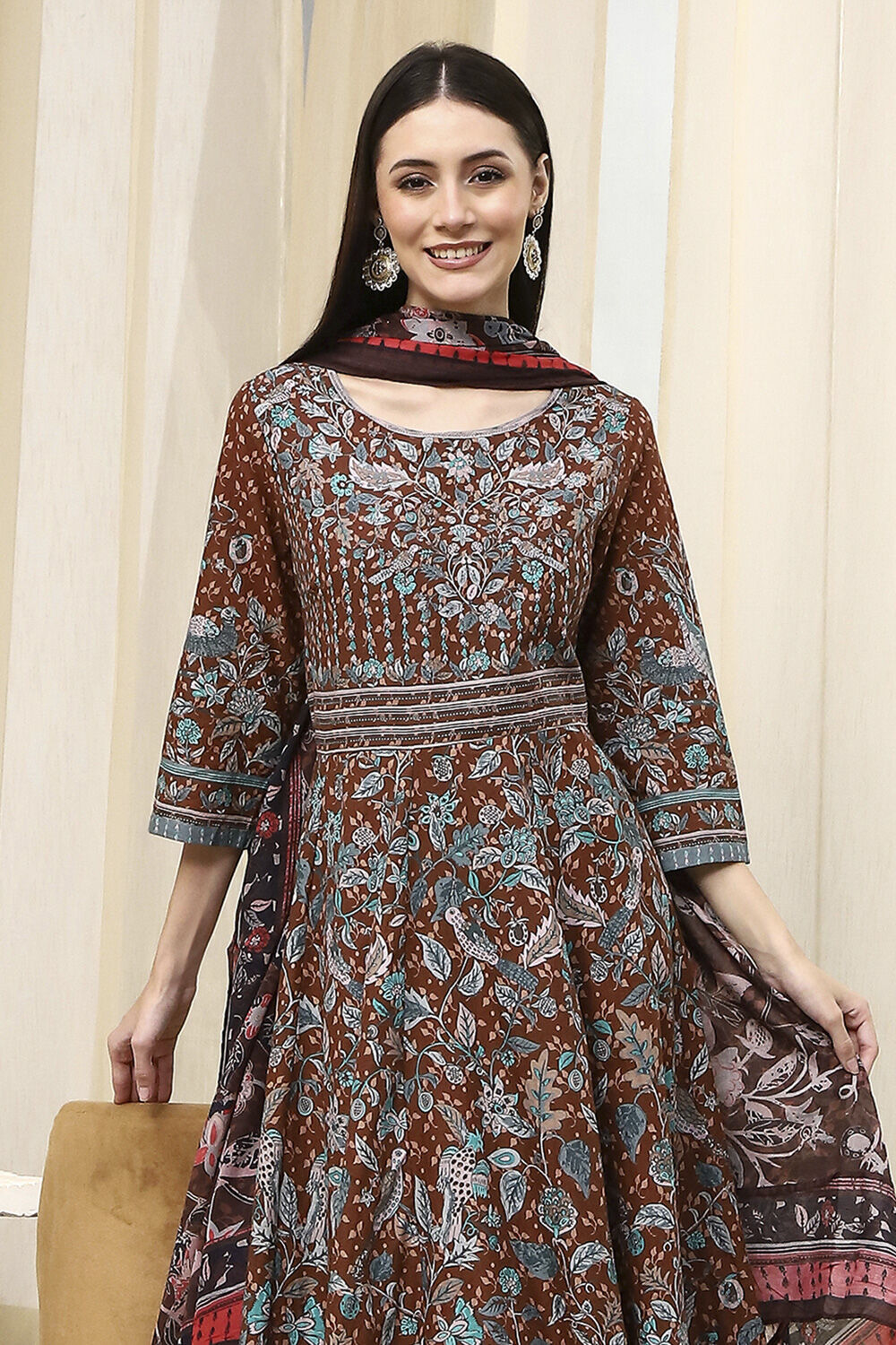 Brown Cotton Fitted Anarkali Suit Set image number 7