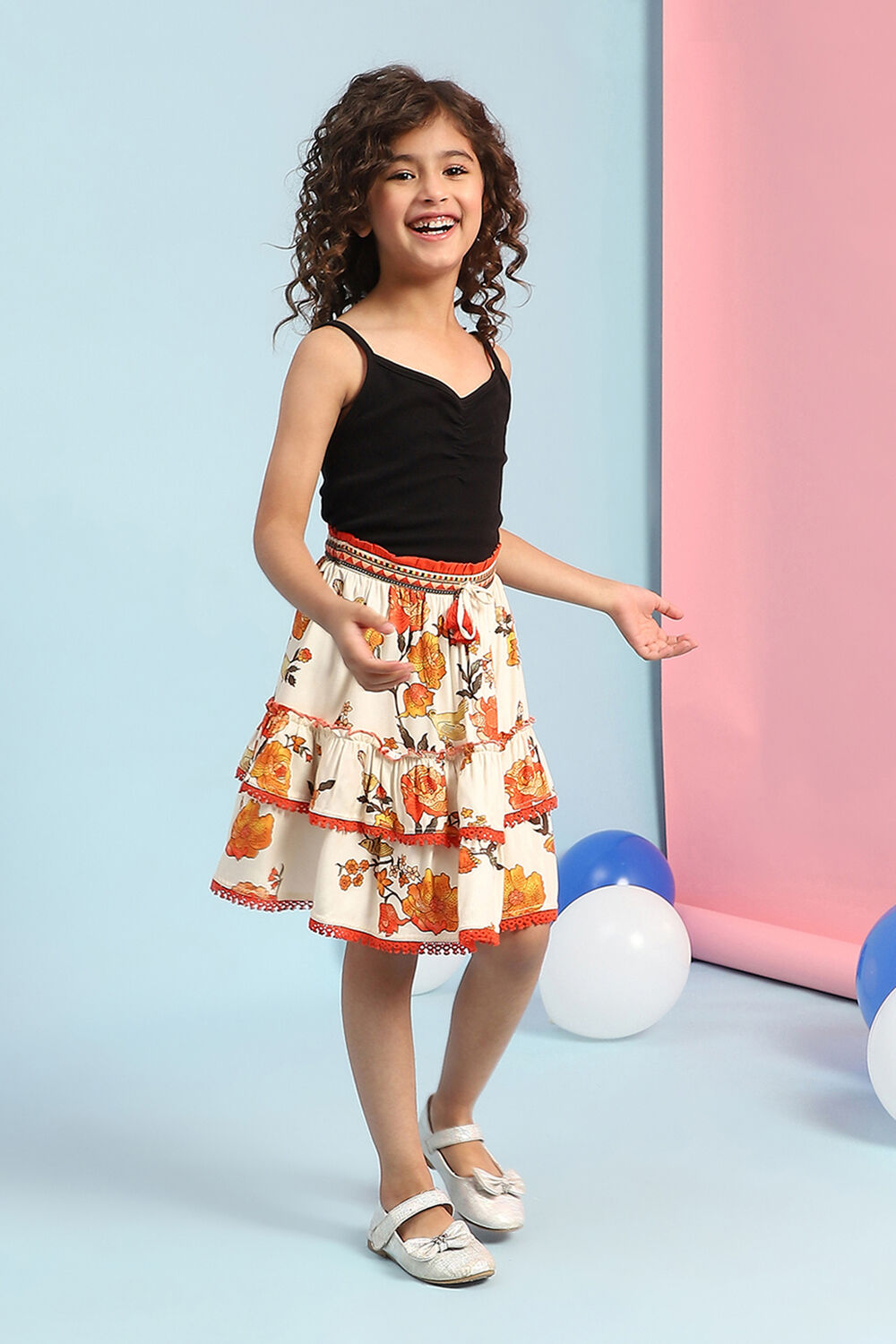 Cream-Colored Floral Tiered Skirt image number 0