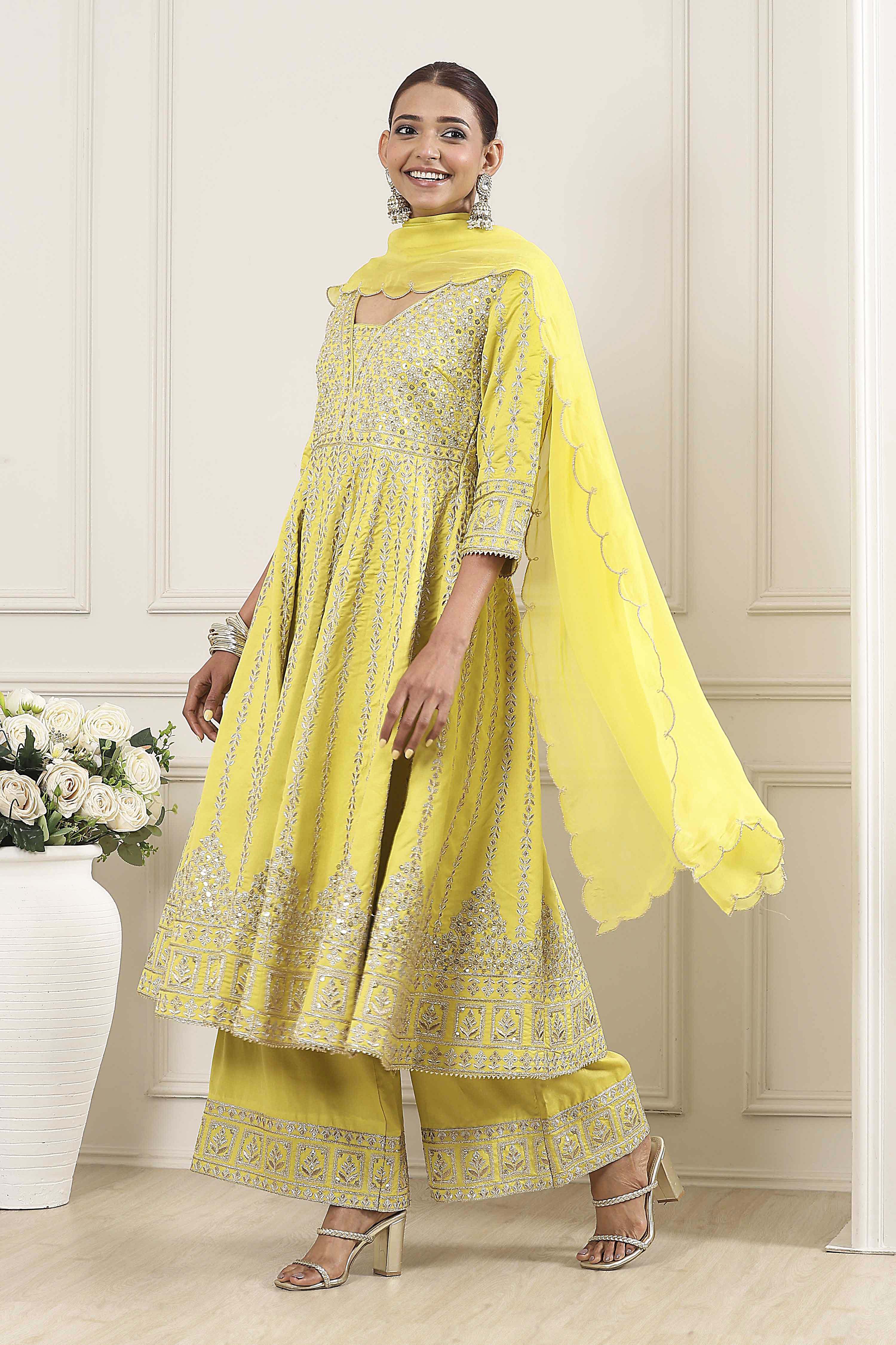 Lime Green Cotton Silk Anarkali Suit Set image number 3
