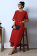 Red Cotton Straight Kurta Flared Palazzo Suit Set image number 0
