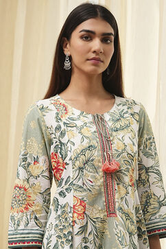 Sage Green Pure Cotton Floral Kalidar Suit Set image number 1