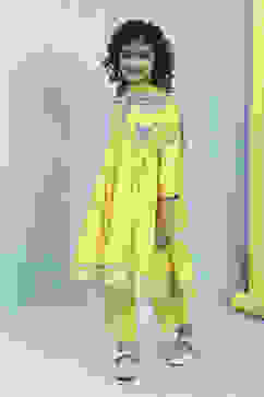 Yellow Cotton Embroidered Gathered Suit Set image number 3