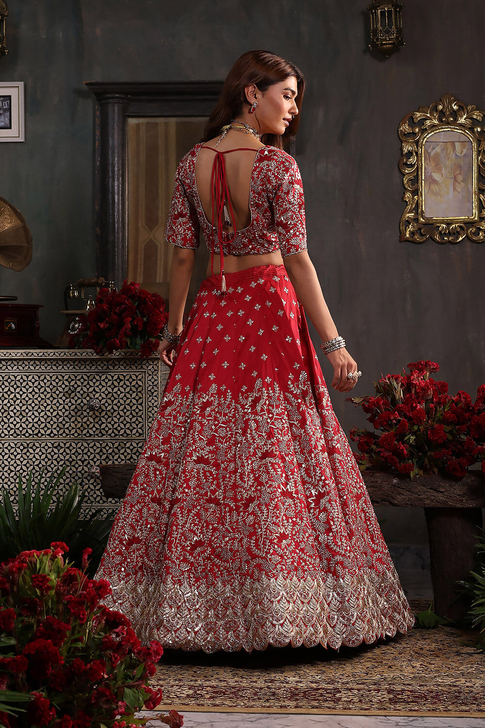 Berry Red Zari Embroidered Lehenga Set image number 4