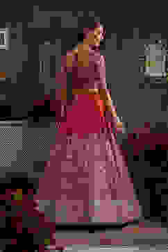 Berry Red Zari Embroidered Lehenga Set image number 4