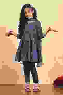 Blue Cotton Tiered Printed Kurta Churidar Set image number 6