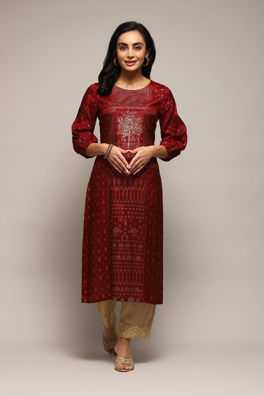 Green & Maroon Cotton Straight Printed Kurta image number 0