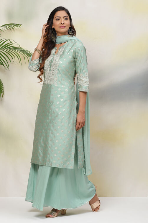 Sea Blue Poly Metallic Straight Kurta Palazzo Suit Set image number 5
