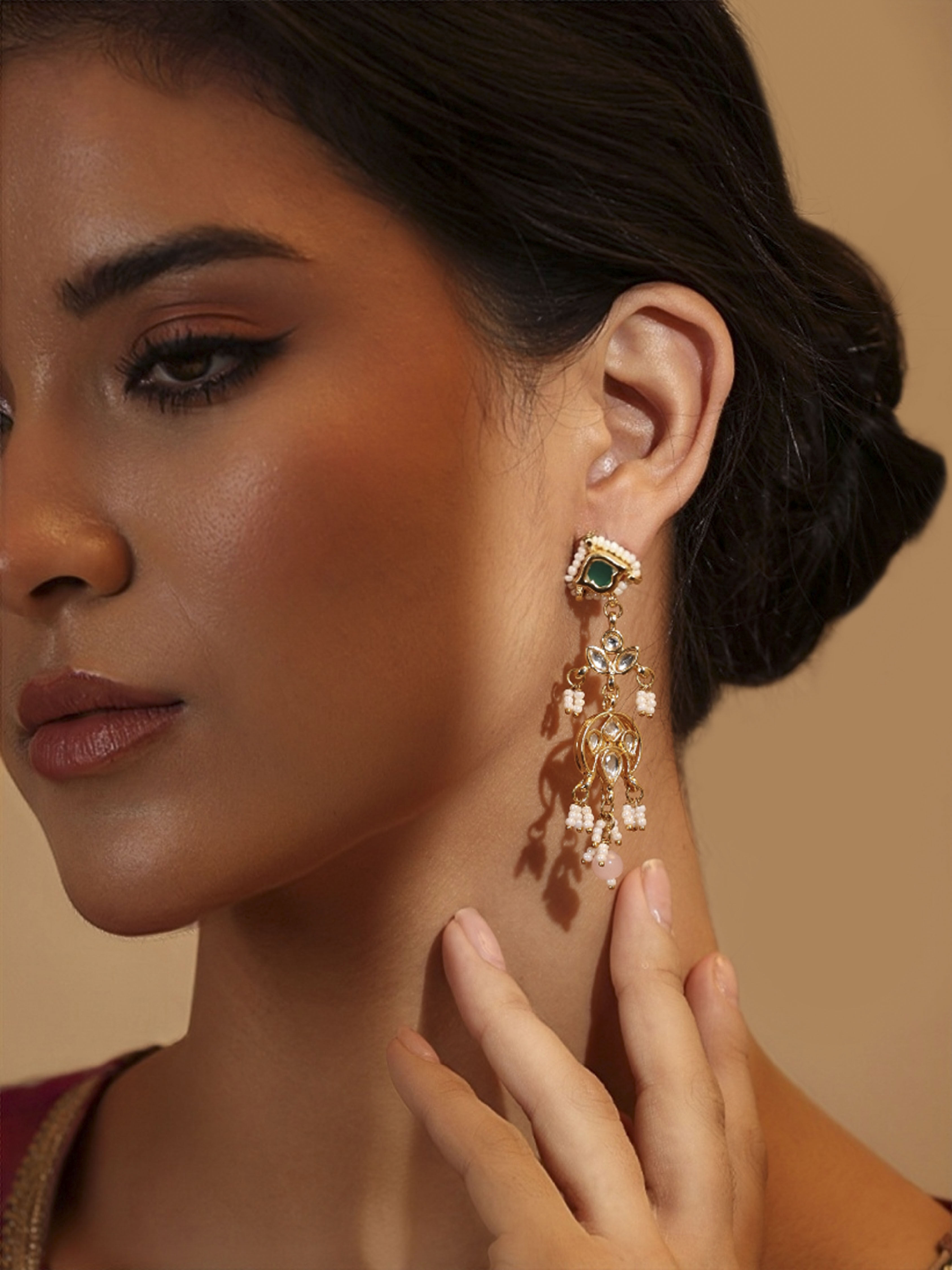 Green Gold Plated Brass Studded Drop Earrings image number 1
