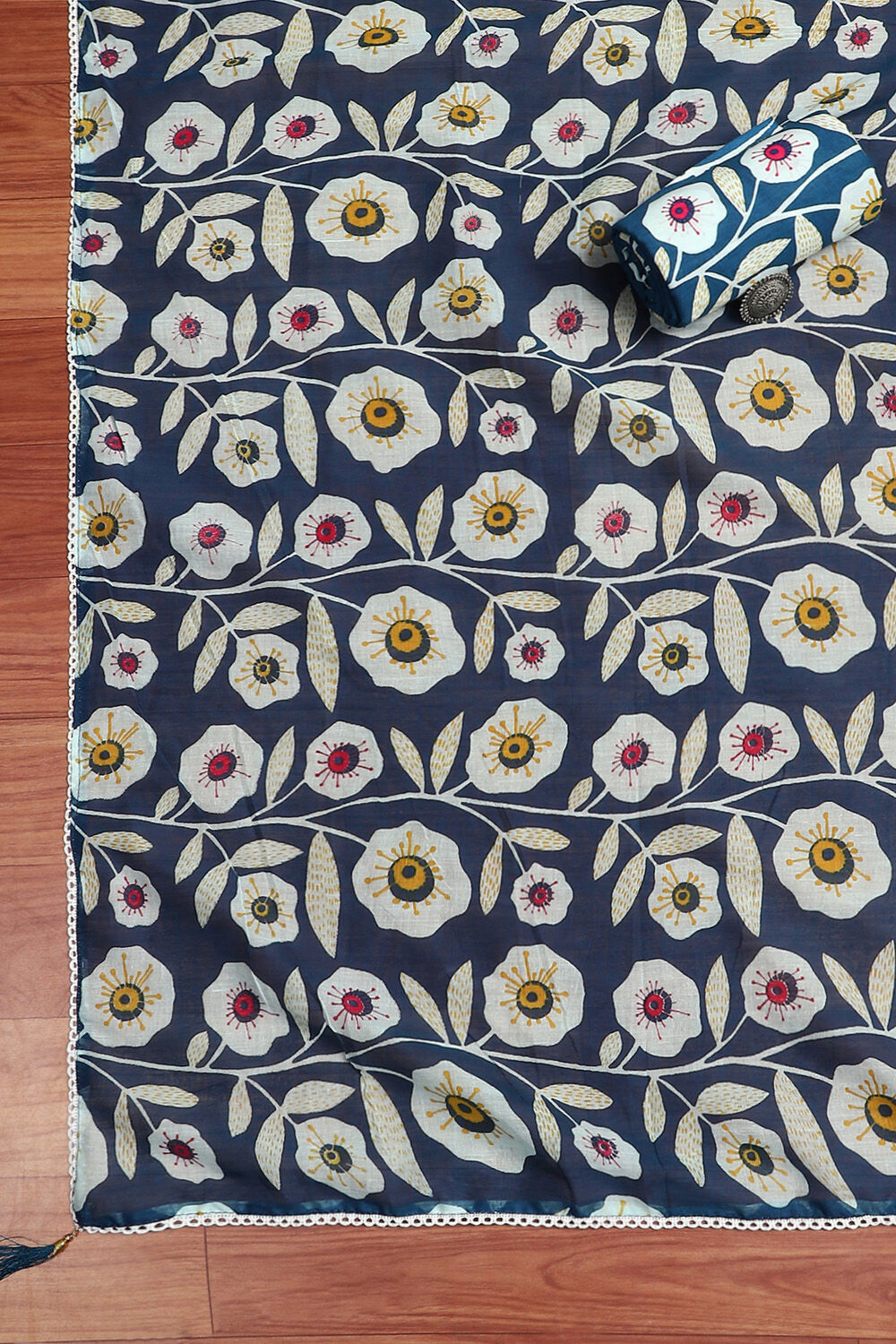 White and Blue Cotton Schiffli Unstitched Suit Set image number 4