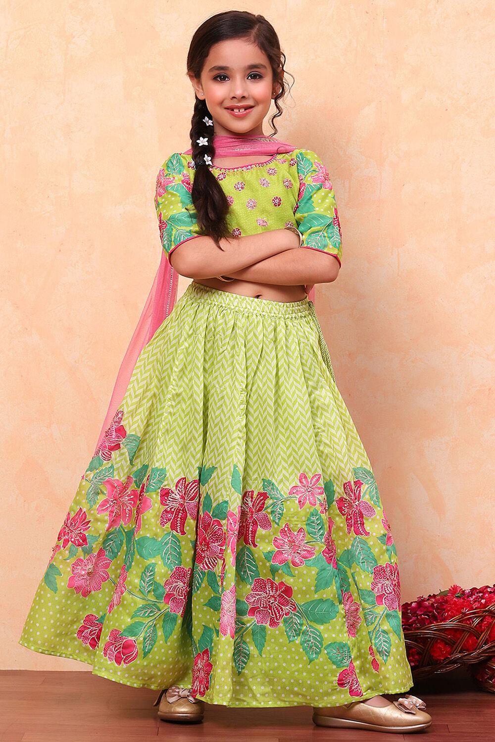 Lime Green Poly Chanderi Floral Printed Lehenga Set image number 6