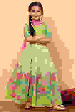 Lime Green Poly Chanderi Floral Printed Lehenga Set image number 6