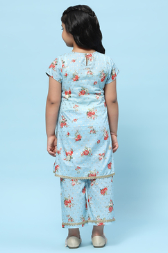 Blue Cotton Floral Printed A-Line Kurta Set image number 4