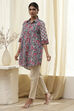 Blue and Pink Cotton Floral Shirt-Style Short Kurta image number 2