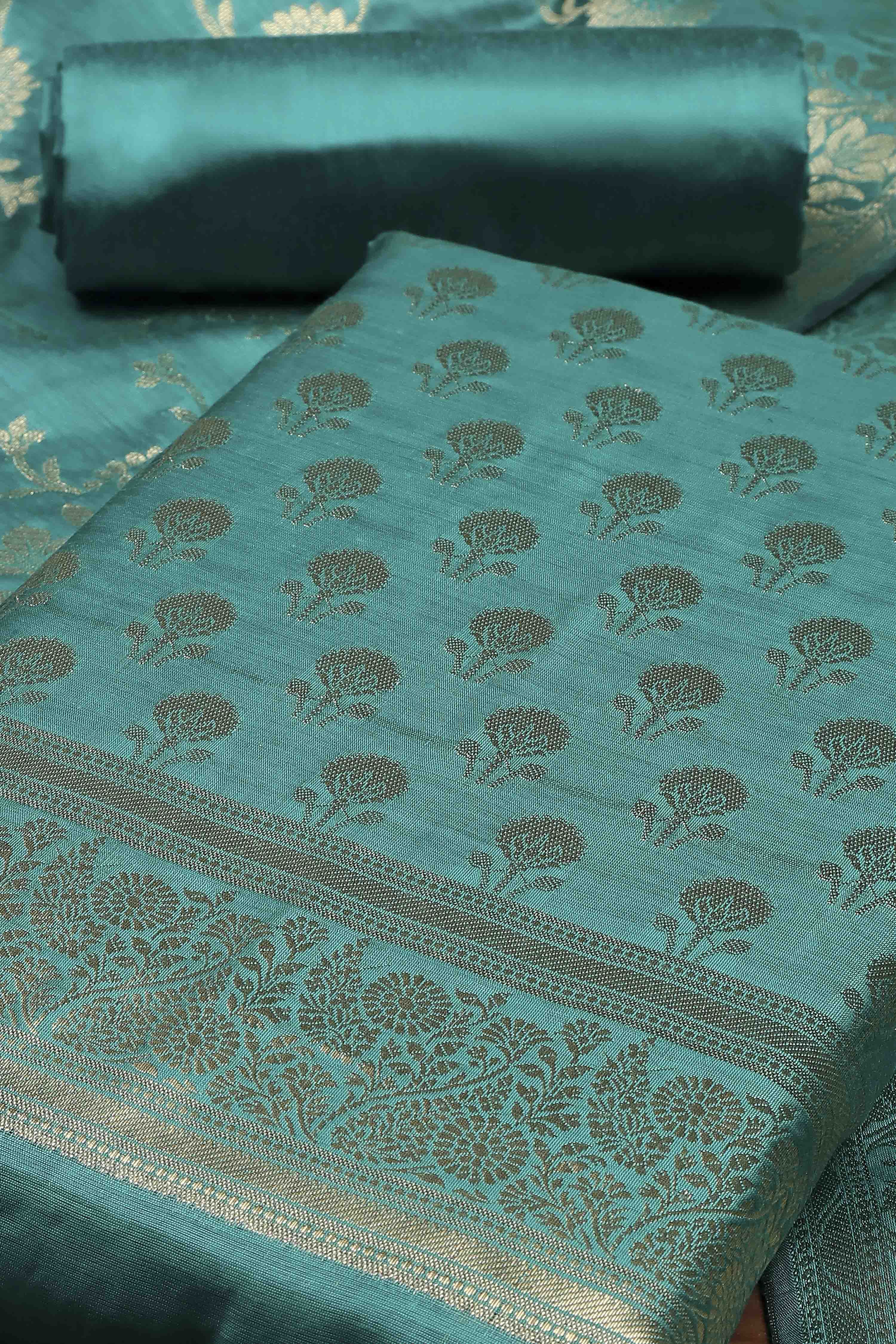 Teal Banarasi Chanderi Banarasi Print Unstitched Suit Set image number 1
