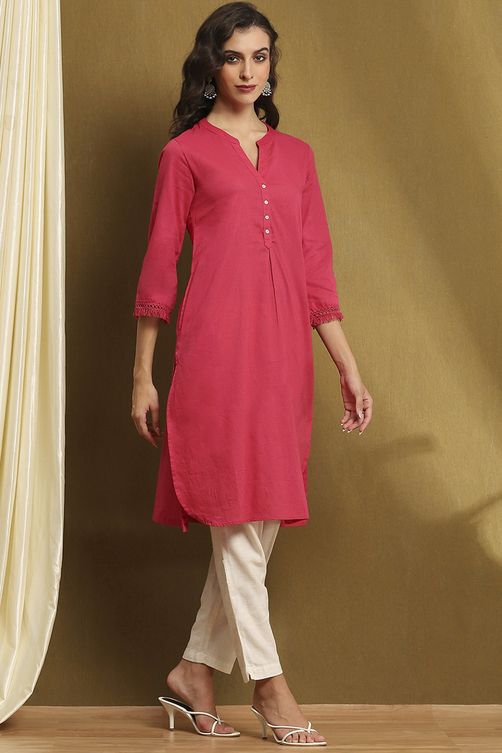 Pink Cotton Blend Solid Straight Kurta image number 4
