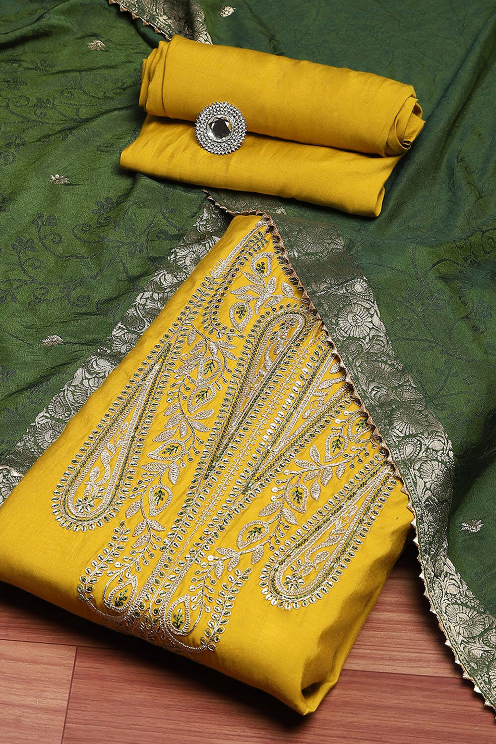 Mustard Yellow Chanderi Embroidered Unstitched Suit Set image number 0