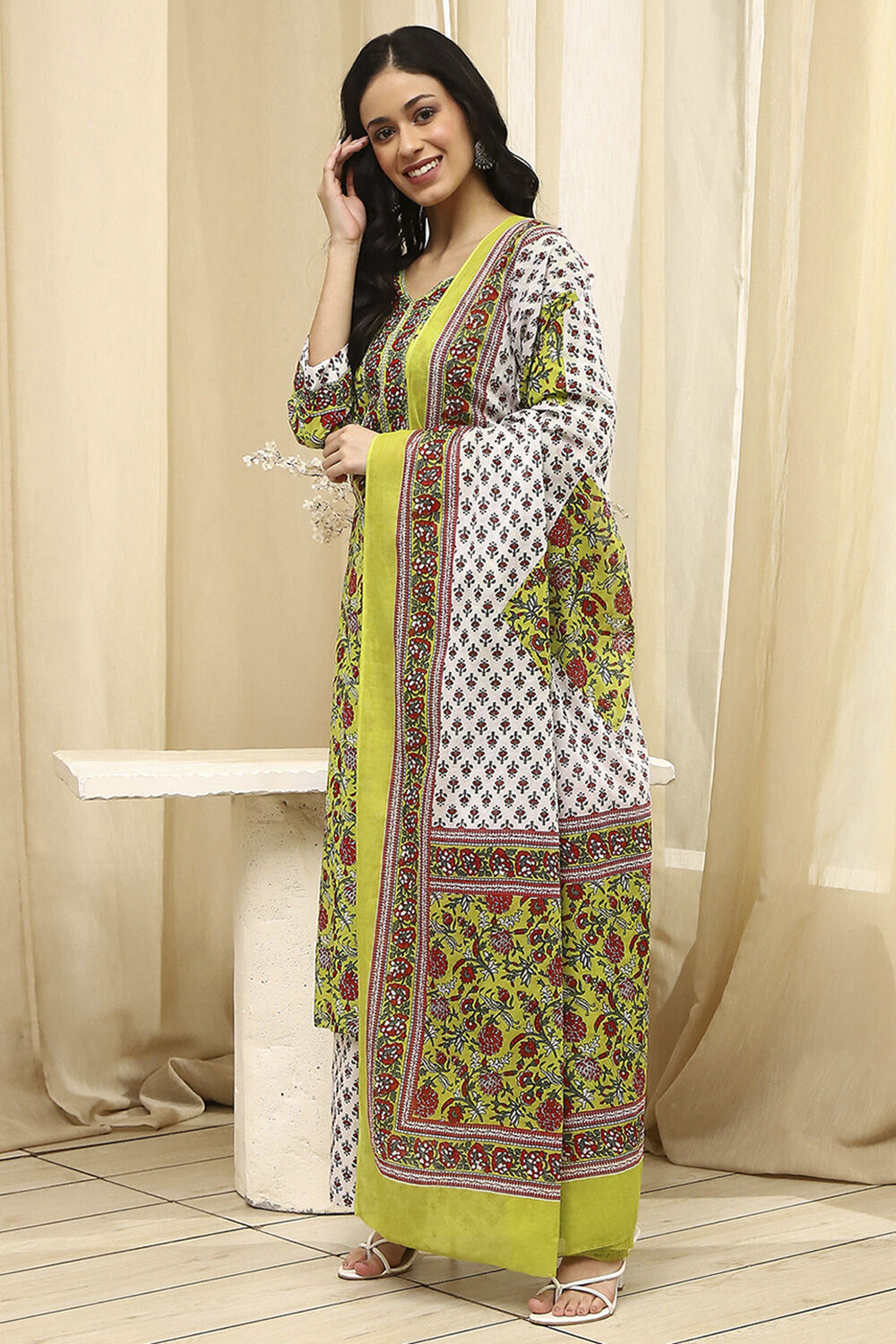 Lime Green and White Cotton Screen Print Unstitched Suit Set image number 4