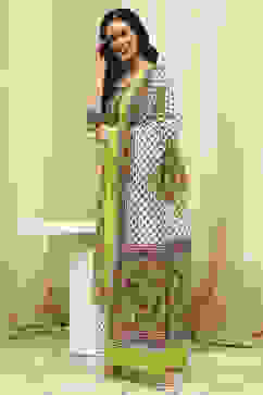 Lime Green and White Cotton Screen Print Unstitched Suit Set image number 4