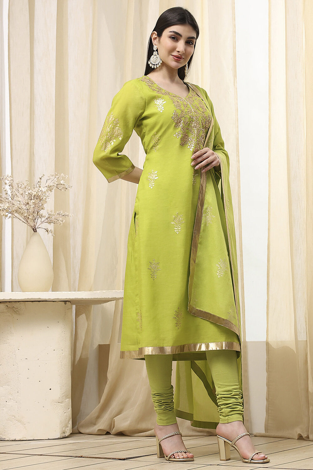 Blue Poly Chanderi Straight Suit Set image number 3