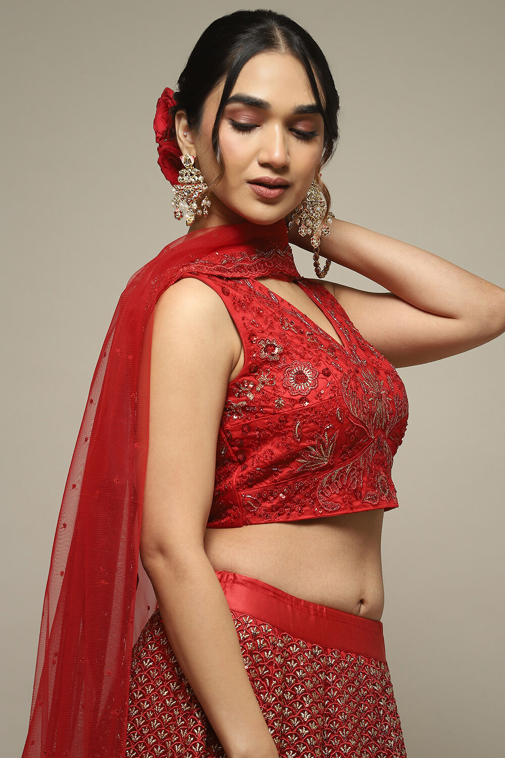 Red Nylon Embroidered Lehenga Set image number 8