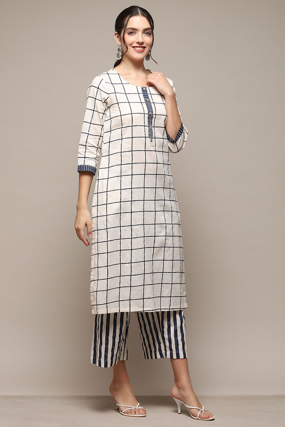 Natural & Blue Cotton Flax Straight Kurta Palazzo Suit Set image number 5