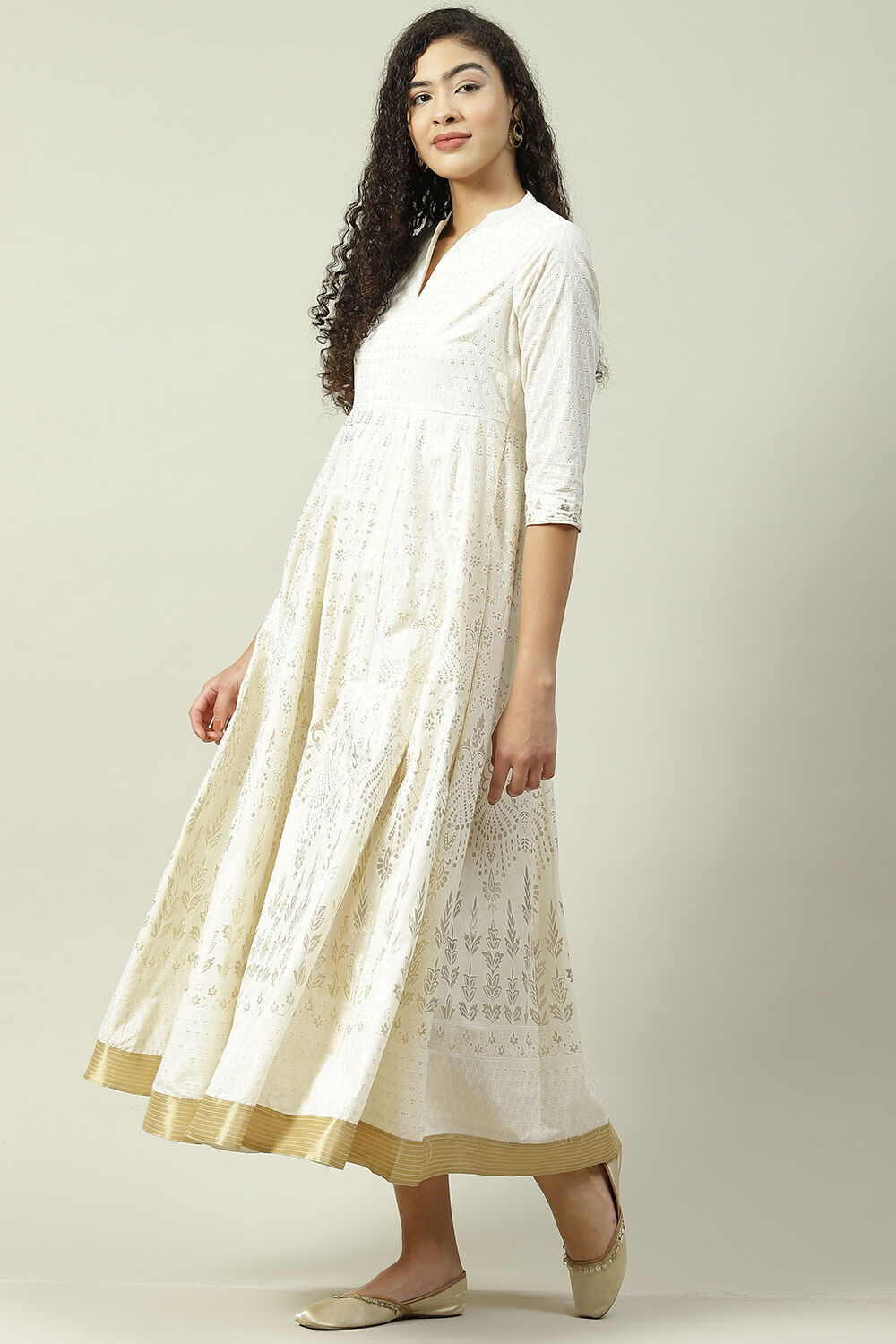 Off White Cotton Flared Fusion Printed Dress image number 2